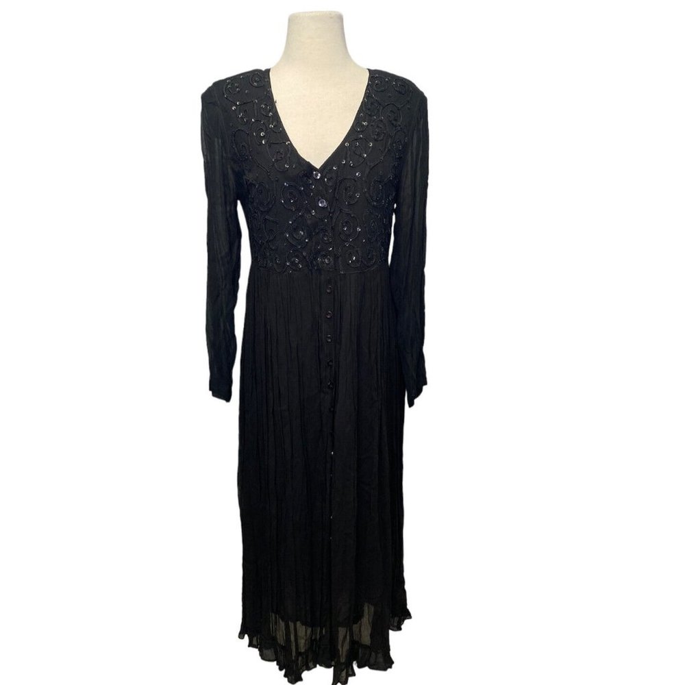 VTG Dress Starina 70s Black Sequin Black Sheer Boho‎ Small Hippie fairy goth